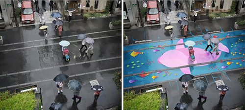 خلاقیت در نقاشی / آشکار شدن نقاشی های خیابانی هنگام بارش باران