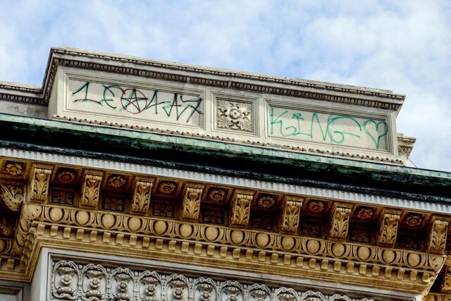 Graffiti artists tag Milan`s famed Galleria arcade