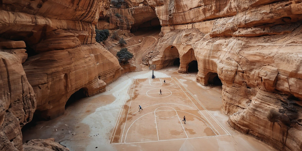 Norah alsuairy imagines surreal basketball courts carved into AlUla`s sandstone canyons