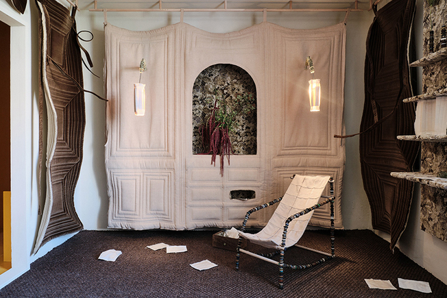 Velvet windows & alcoves capture breeze in lisa bravi & romain joly`s reading room in france