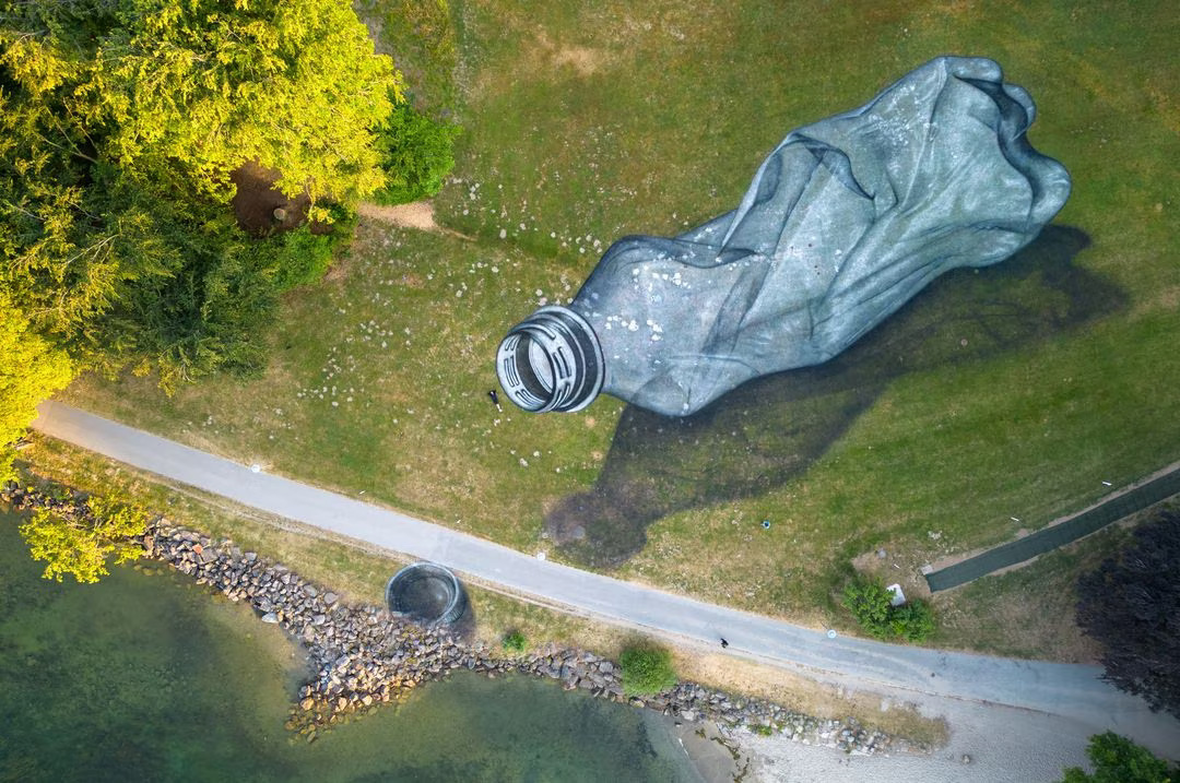 Artist paints giant plastic bottle in Swiss park in litter protest