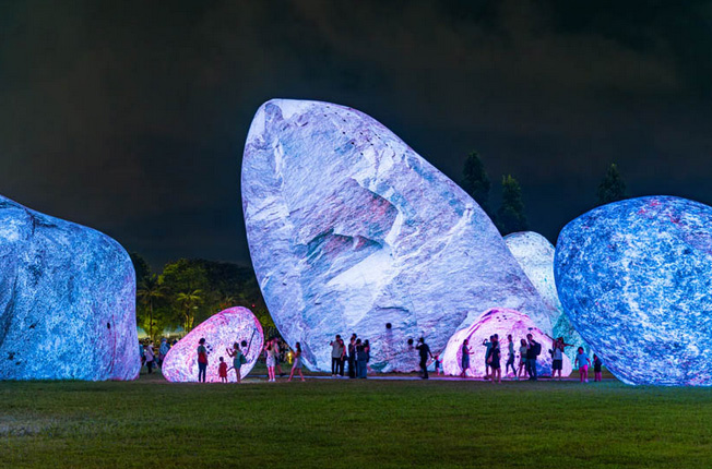 Sixteen air-filled inflatable rock formations by ENESS light up for i light singapore