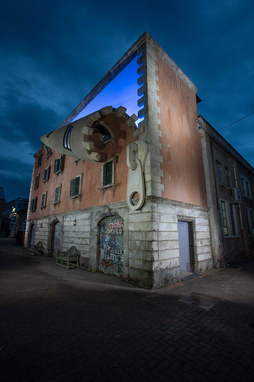 alex chinneck unzips a buildings traditional façade for milan design week