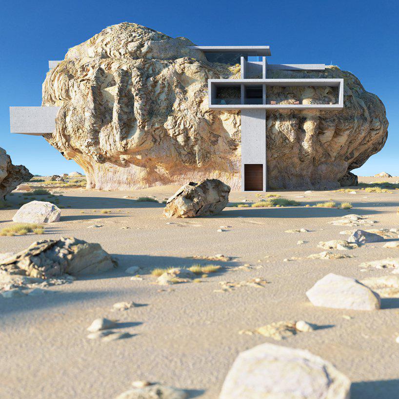 house inside a rock expresses minimal concrete slabs cutting through organic geometries