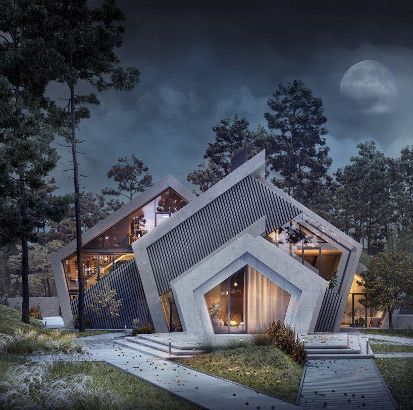 the concrete pentahouse by wamhouse studio is inspired by the shape of mountains