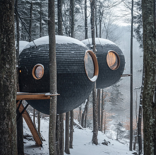 Antony gibbon envisions "burl treehouse" concept with shingled spheres floating in the trees